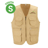 Beige vest with multiple pockets and a logo on a white background