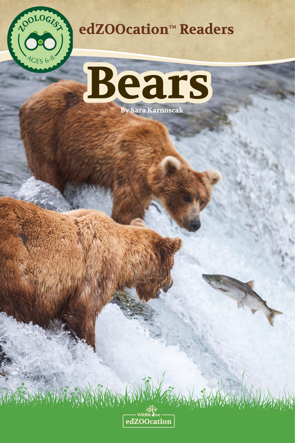 A book cover for 'edZOOcation Readers: Bears' featuring images of bears near a water body with a fish, indicative of the book's wildlife theme.