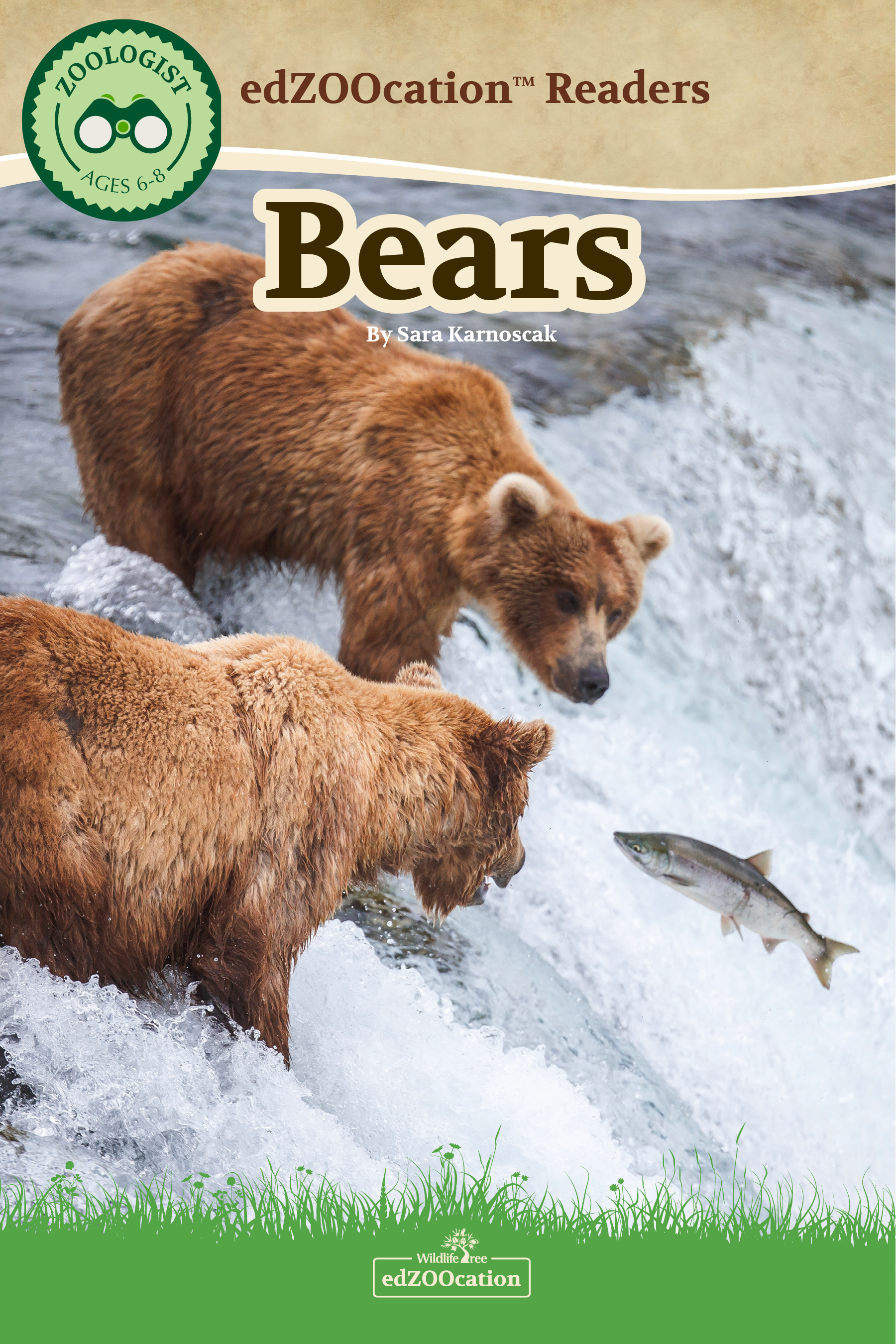 A book cover for 'edZOOcation Readers: Bears' featuring images of bears near a water body with a fish, indicative of the book's wildlife theme.