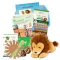 Educational lion-themed kit with plush toy, books, and activities on a white background