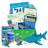 Educational whale shark kit with toys, books, and materials on a white background