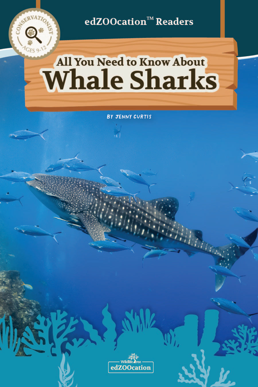 Book cover of 'All You Need to Know About Whale Sharks' with a whale shark and ocean scene.
