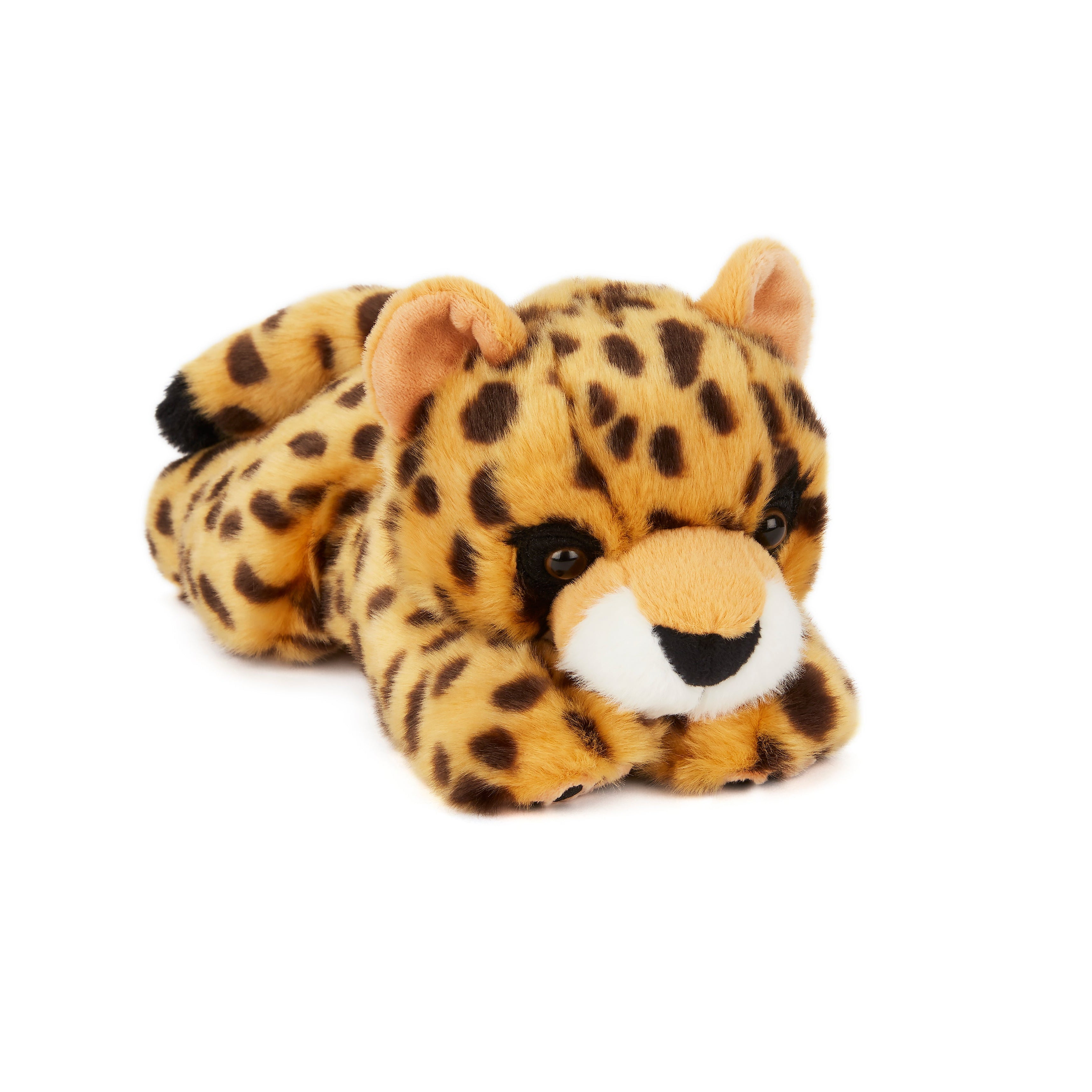A plush toy resembling a lying cheetah with realistic facial markings, primarily in shades of yellow and black.