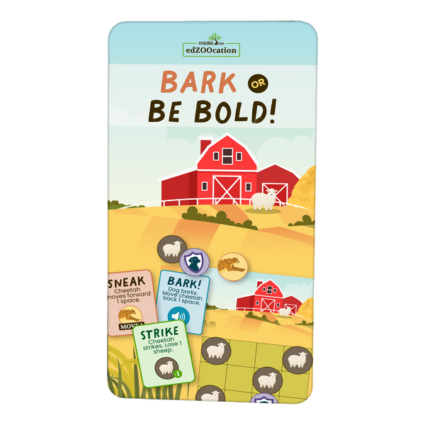 A board game box with an illustration of a red barn, fields, and sheep, with game play cards displayed in front.