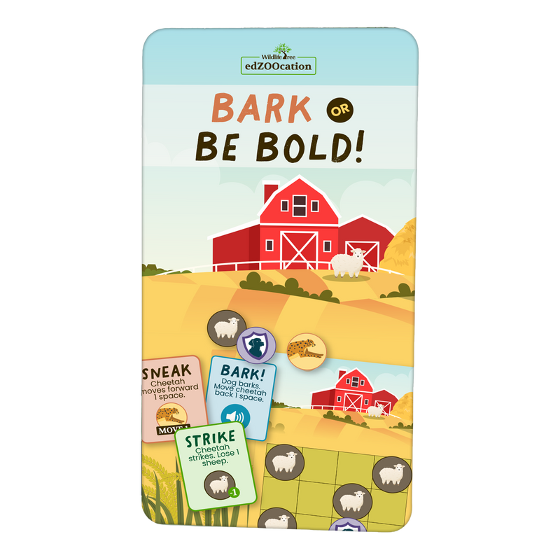 A board game box with an illustration of a red barn, fields, and sheep, with game play cards displayed in front.