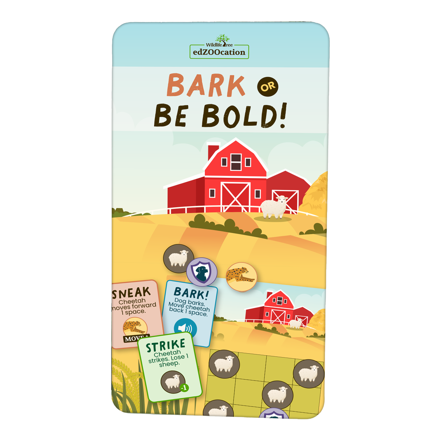 A board game box with an illustration of a red barn, fields, and sheep, with game play cards displayed in front.