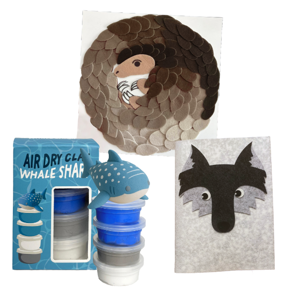 Set of craft materials including air dry clay, whale-shaped mold, and felt animal pieces on a white background.
