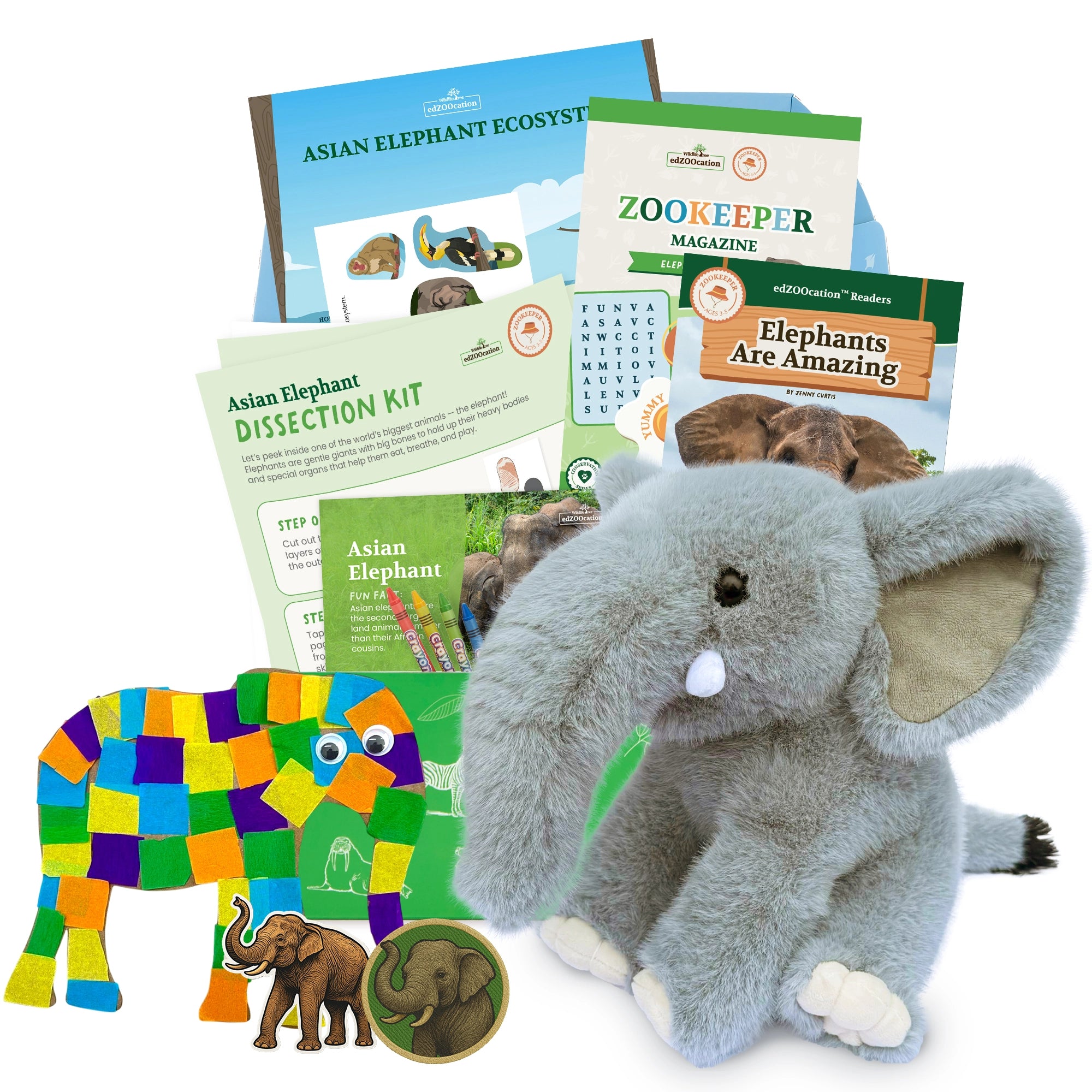 Educational materials including a plush elephant toy, books, and a coloring book on a white background