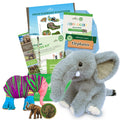 Educational animal-themed products including a plush elephant, elephant craft, and books on a white background.