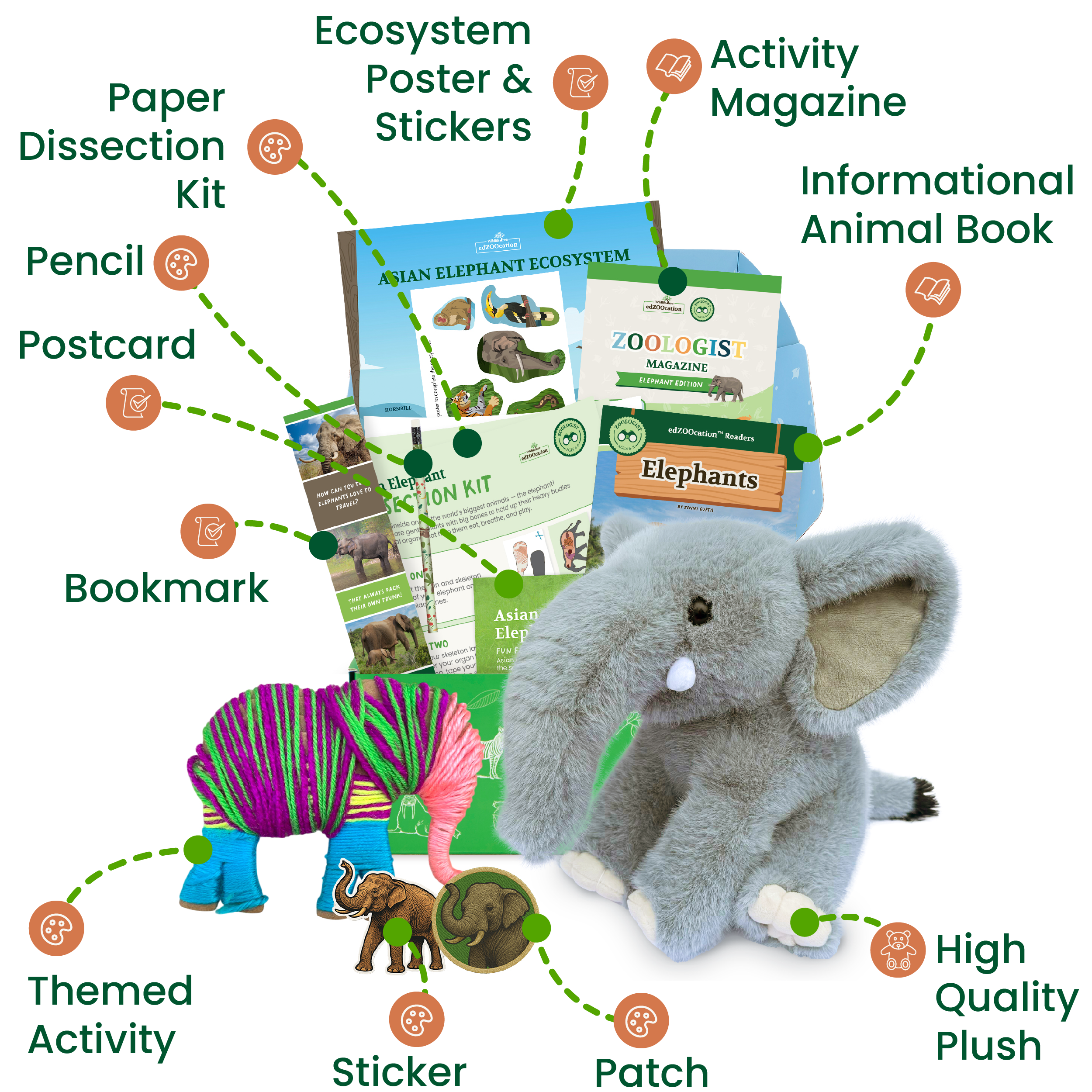 Collection of educational and toy items related to elephants including a plush elephant, magazine, and other materials.
