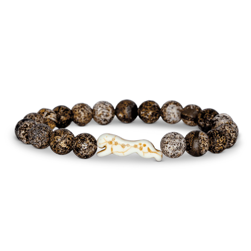 Bracelet with brown beads and a white and gold charm on a white background
