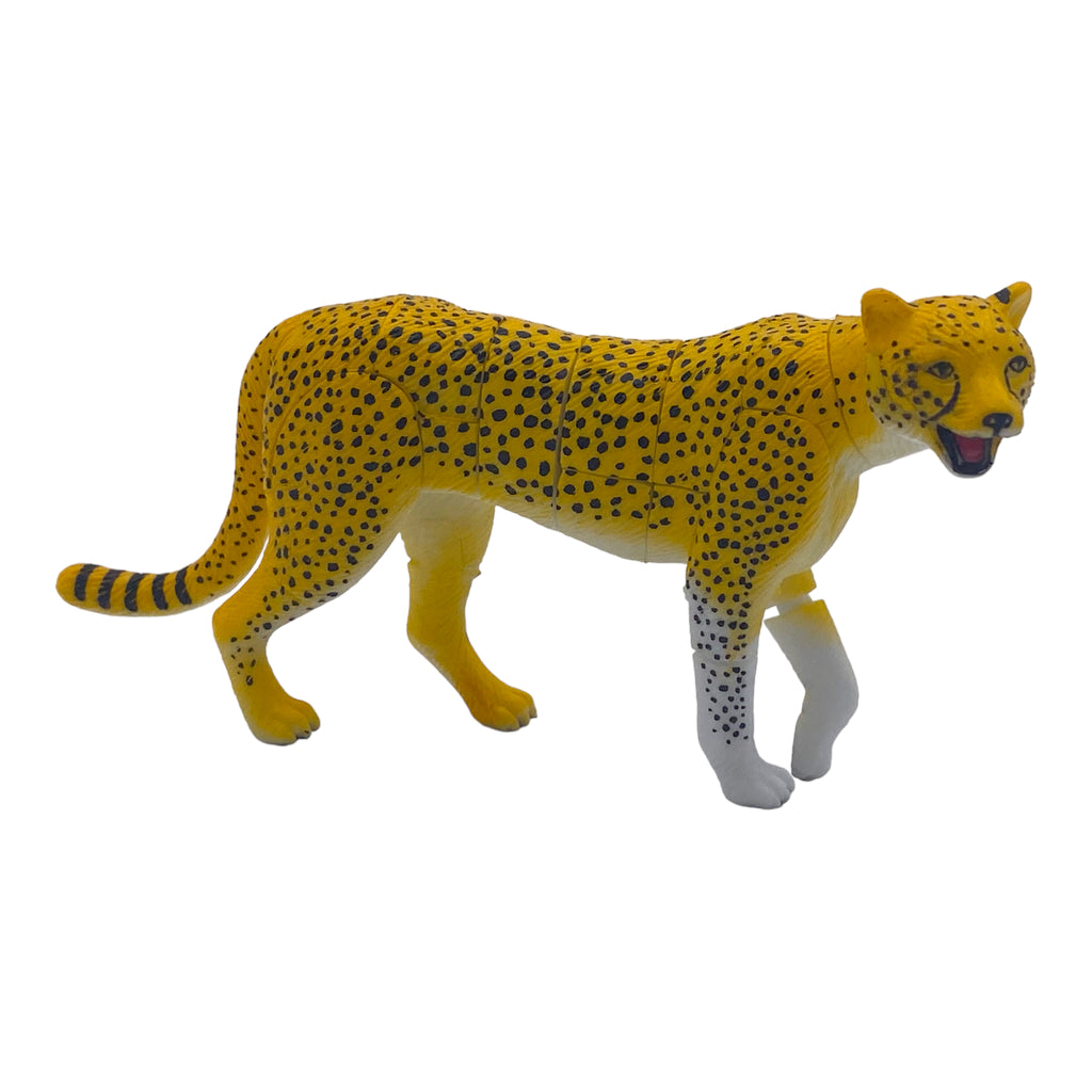 A 3D puzzle figurine of a cheetah in yellow, black, and white colors.