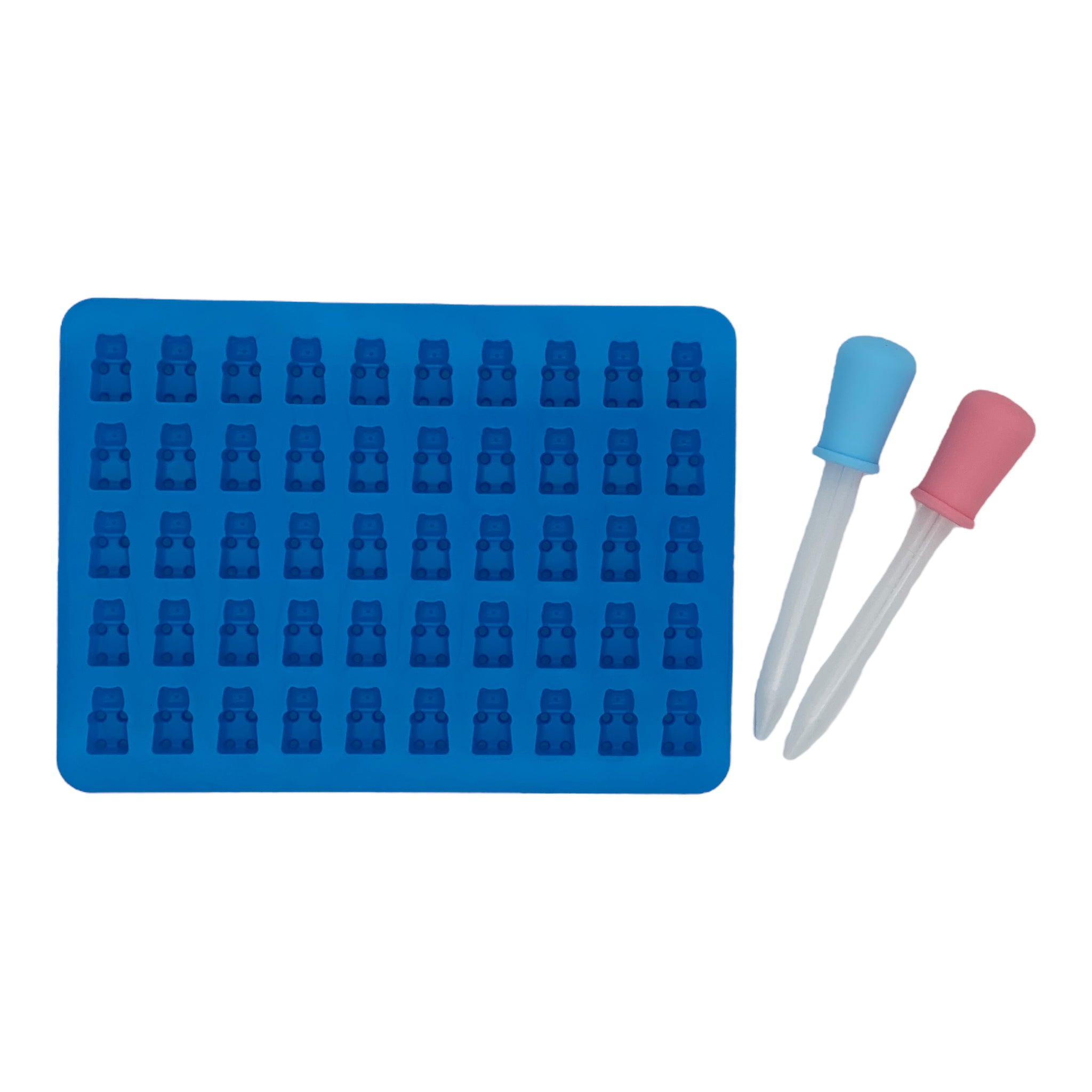 A blue silicone gummy bear mold with dimensions approximately 20cm by 20cm, accompanied by two droppers for filling.