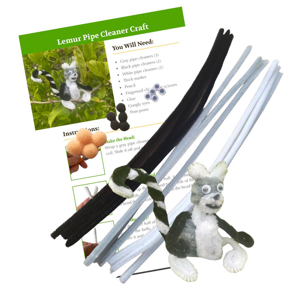 A collection of pipe cleaners in gray, black, and white, along with a plush toy resembling a lemur, packaging, and instructions for the Lemur Pipe Cleaner Craft Kit.