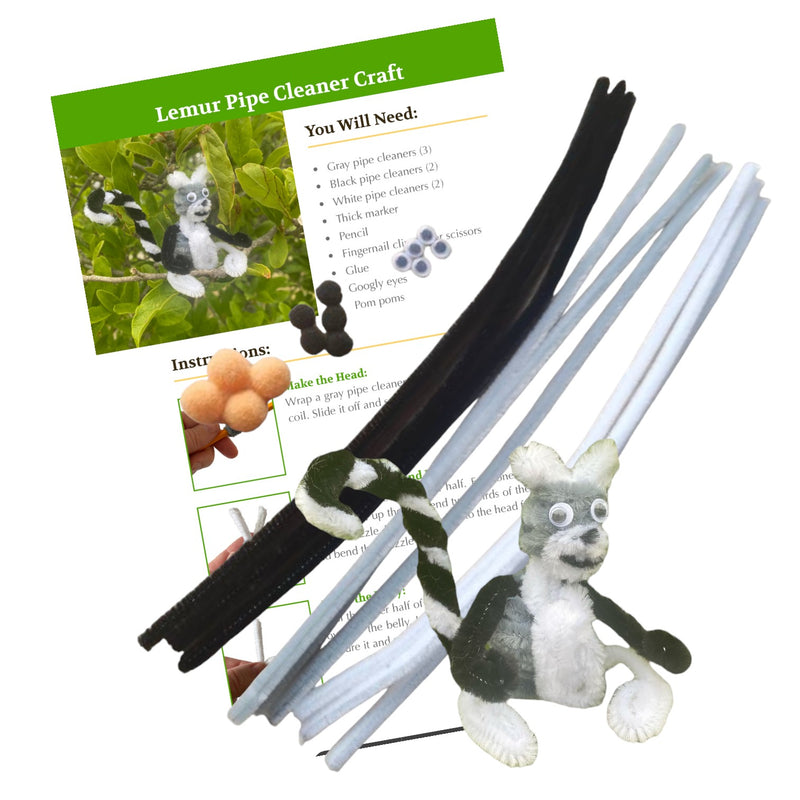 A collection of pipe cleaners in gray, black, and white, along with a plush toy resembling a lemur, packaging, and instructions for the Lemur Pipe Cleaner Craft Kit.