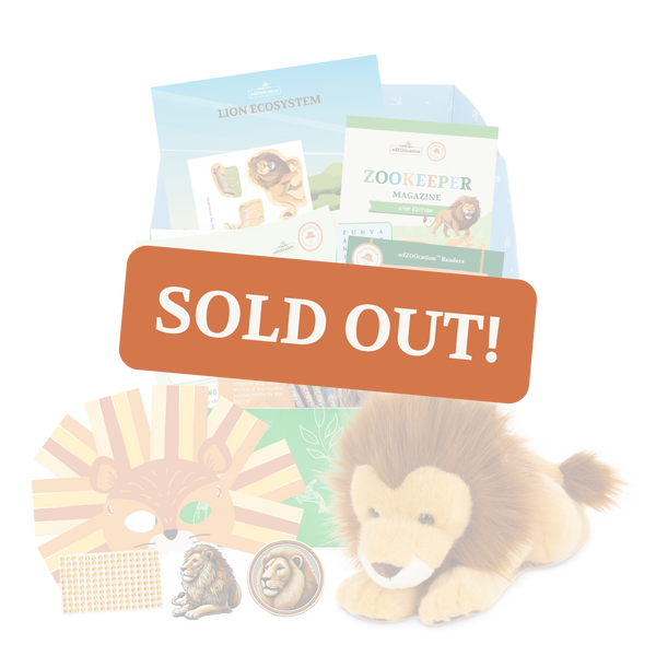 Educational lion-themed kit with 'SOLD OUT!' sign on a white background