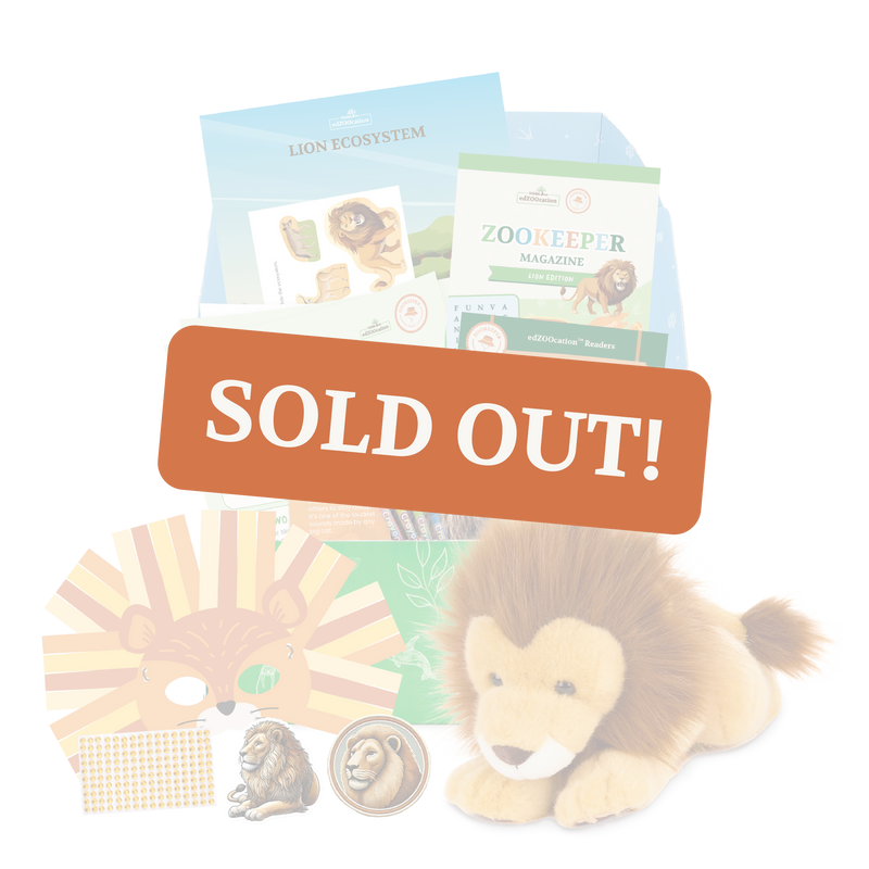 Educational lion-themed kit with 'SOLD OUT!' sign on a white background