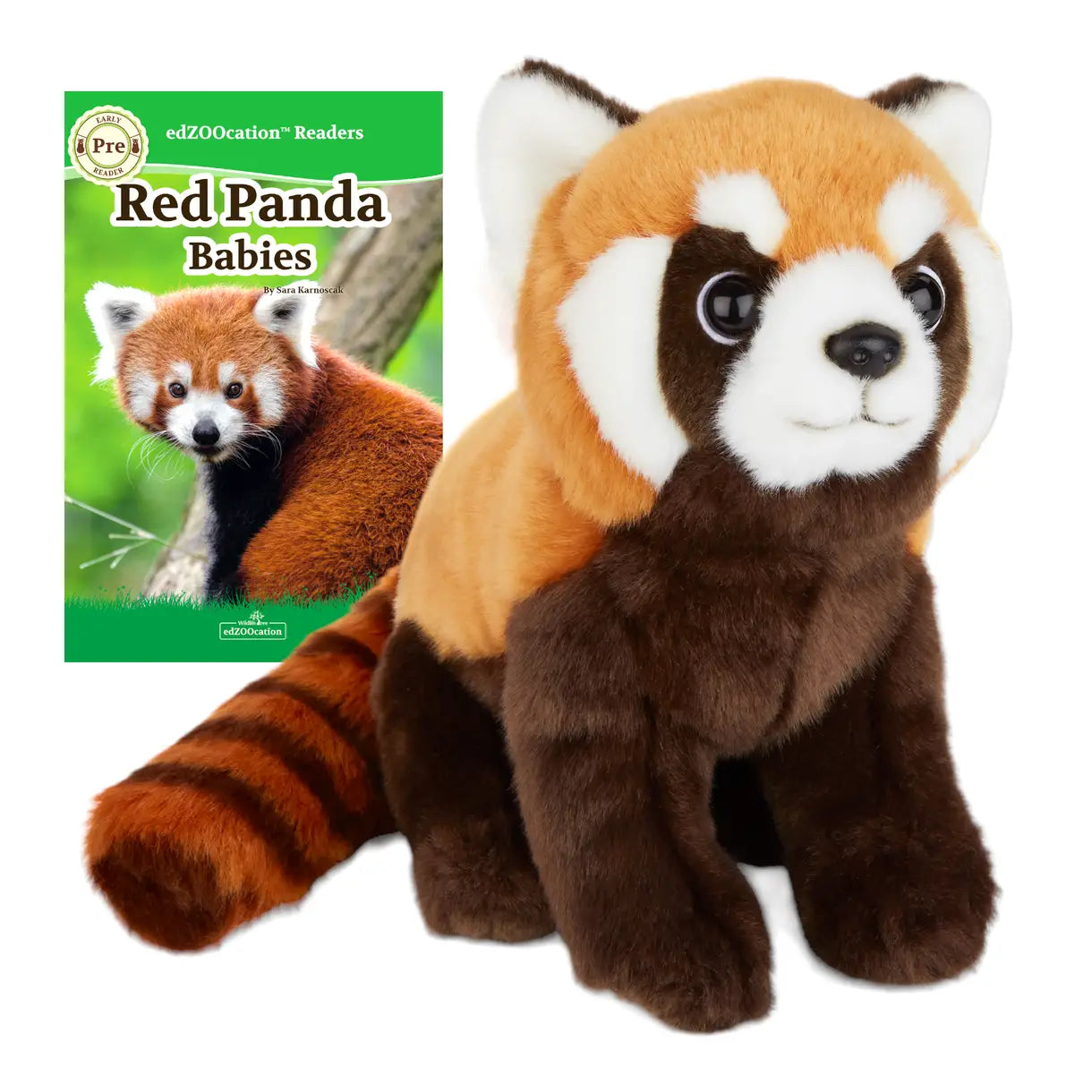 Plush red panda toy next to a book titled 'Red Panda Babies' on a white background