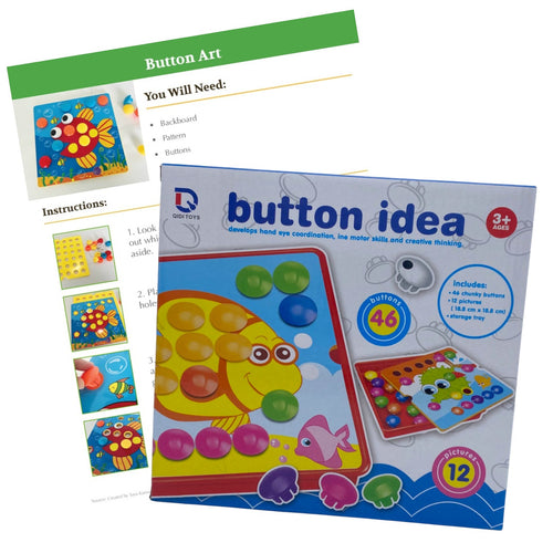 Packaging and instructions for the Dolphin Button Art Activity Kit, featuring ocean-themed designs and multicolored buttons for preschoolers.