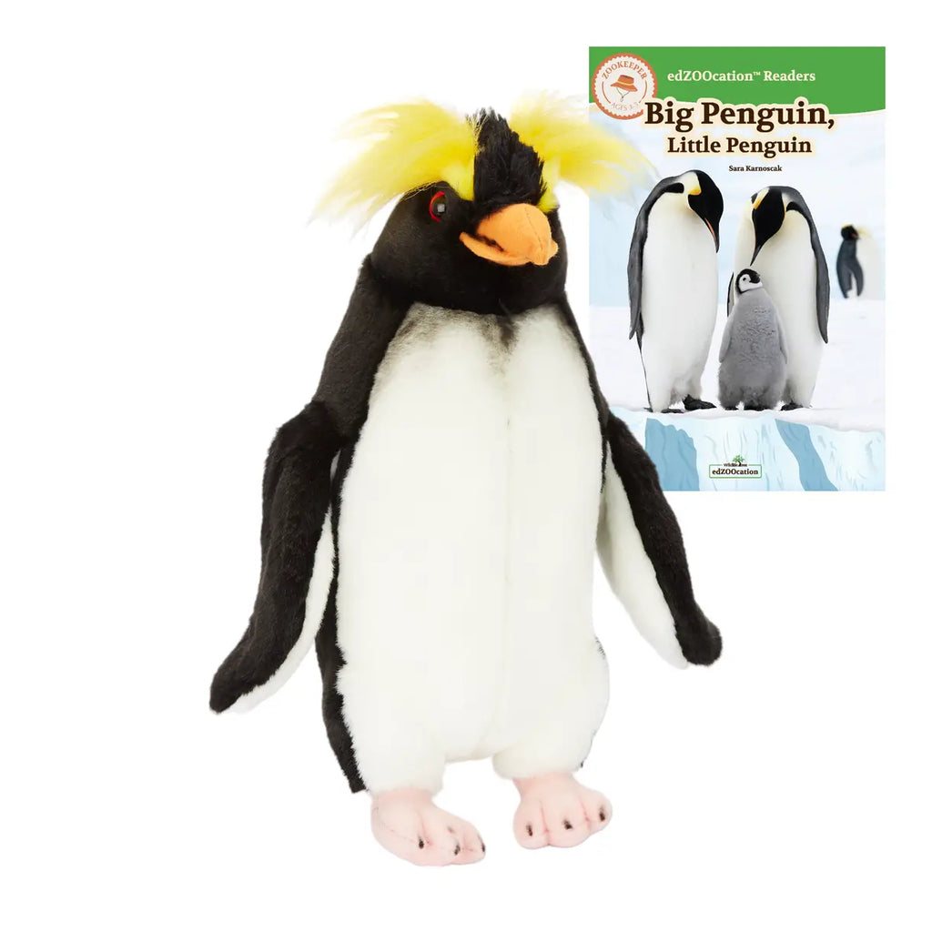 Plush penguin toy with a book titled 'Big Penguin, Little Penguin' on a white background