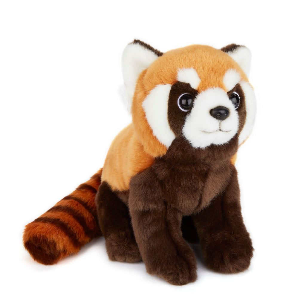 A plush toy depicting a red panda with realistic facial markings, sitting upright.