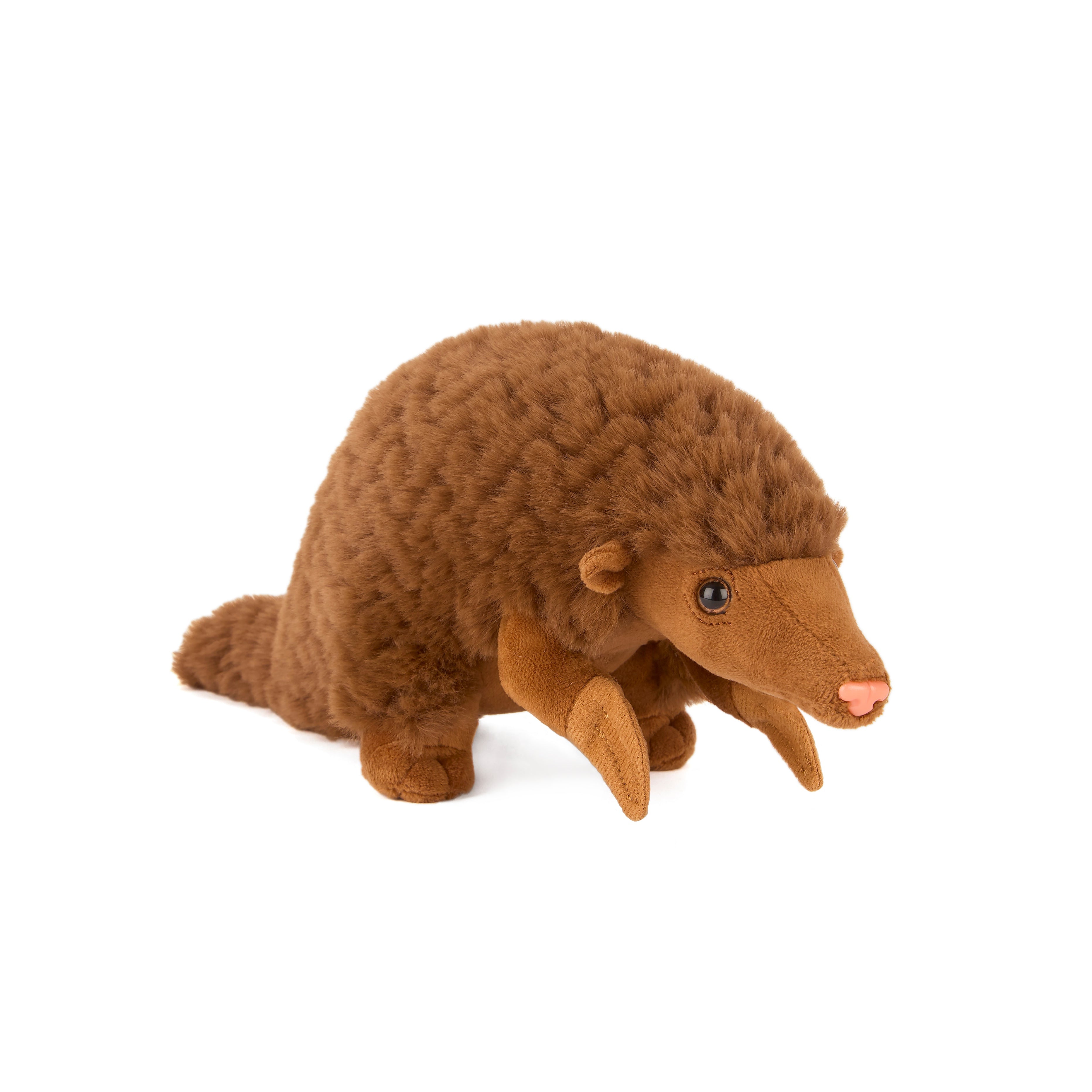 Plush toy resembling a brown armadillo on a white background