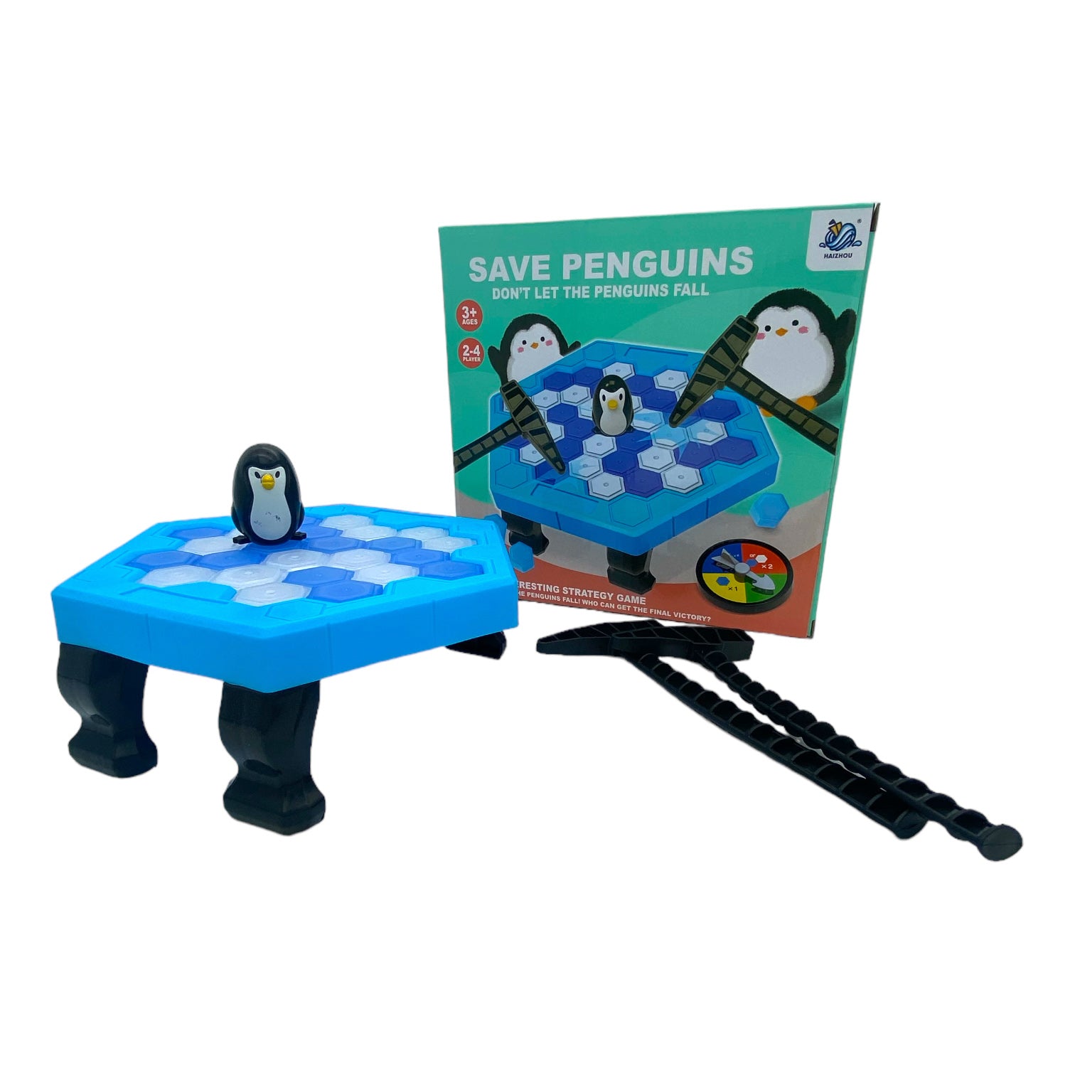 The image shows the "Save Penguins - The Icy Strategy Game for Kids", which includes a blue and black game board with penguin figures, ice blocks, and a hammer, along with the game's packaging.