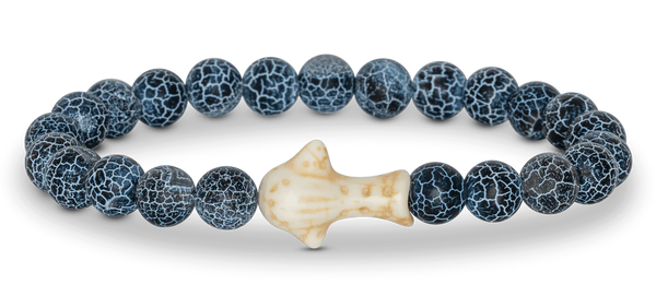 Bracelet with blue marbled beads and a bone-shaped charm on a white background