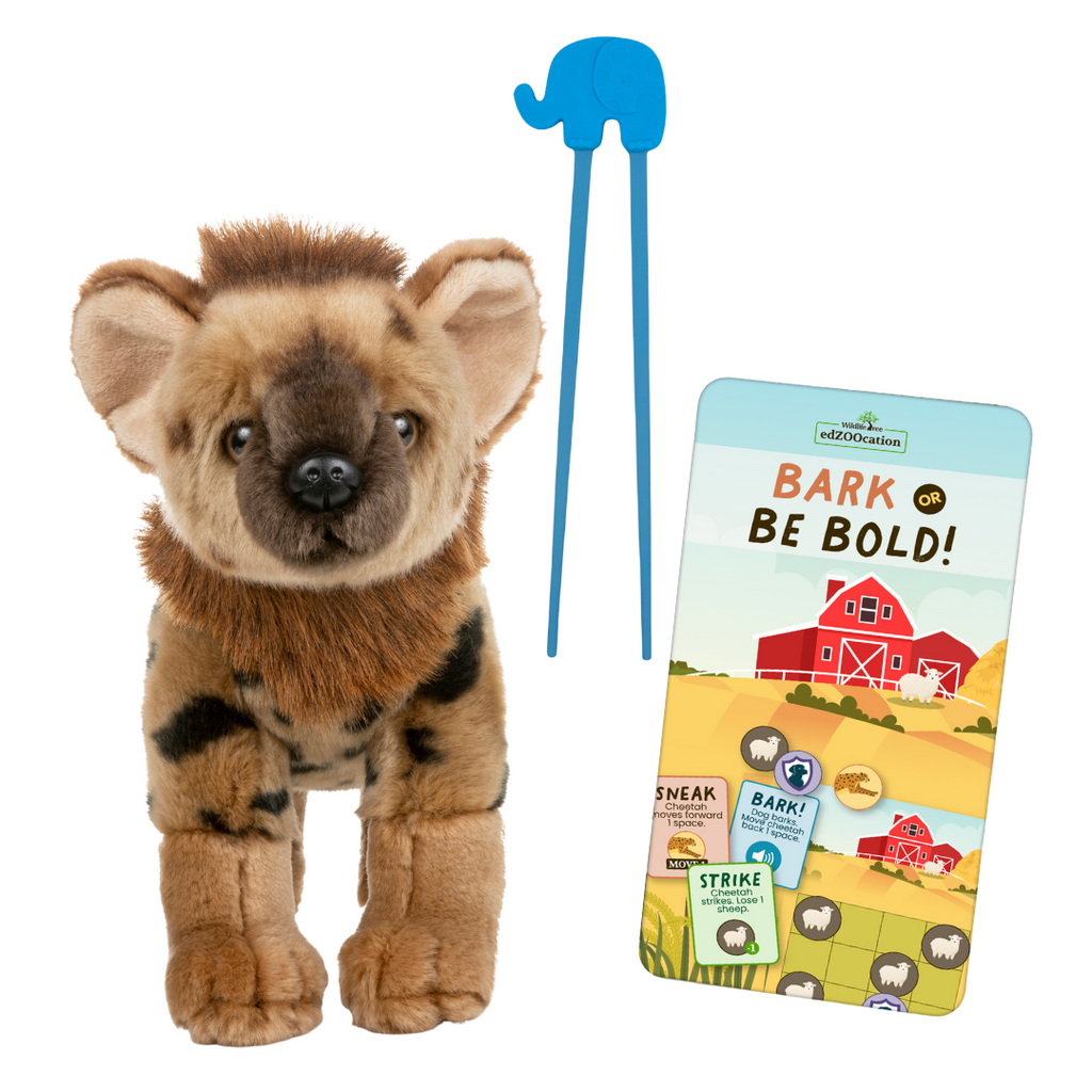 Bundle of Hyena Plush Toy, Elephant Chopsticks and a Cheetah Bark or Be Bold Tin Game