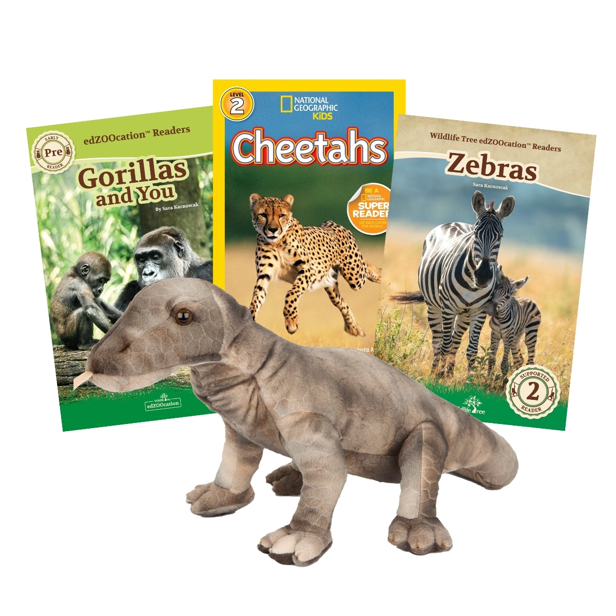 Three children's books about gorillas, cheetahs, and zebras with a toy Komodo Dragon in front on a white background