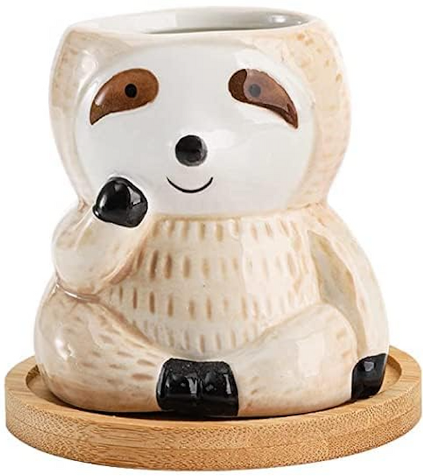 Sloth Ceramic Planter with Bamboo Tray