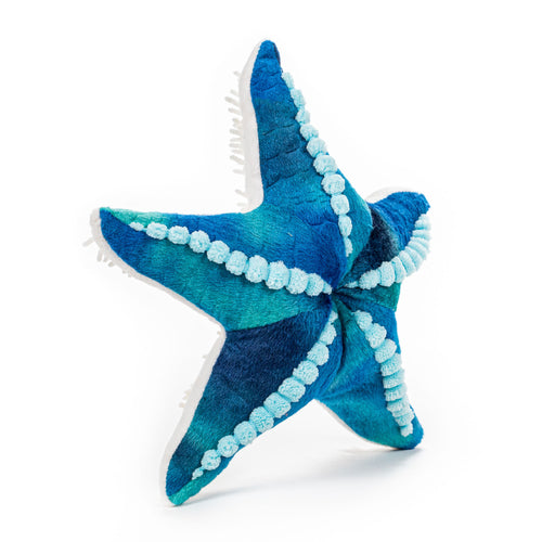 A plush blue and turquoise starfish stuffed animal.