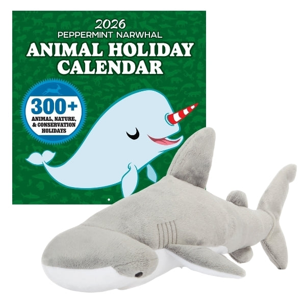 Plush shark toy in front of a 2026 Peppermint Narwhal animal holiday calendar