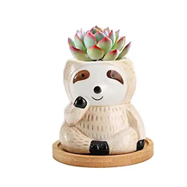 Sloth Ceramic Planter with Bamboo Tray