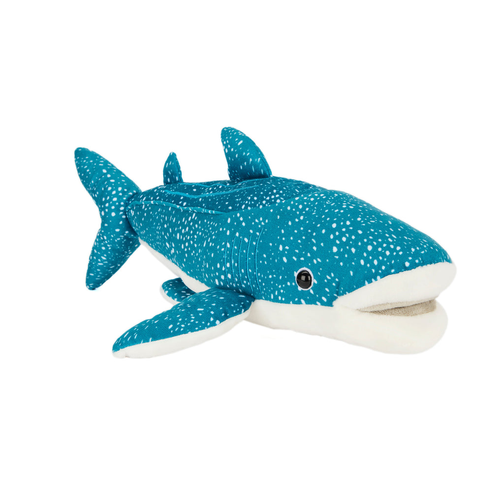 Blue plush shark toy with white spots on a white background