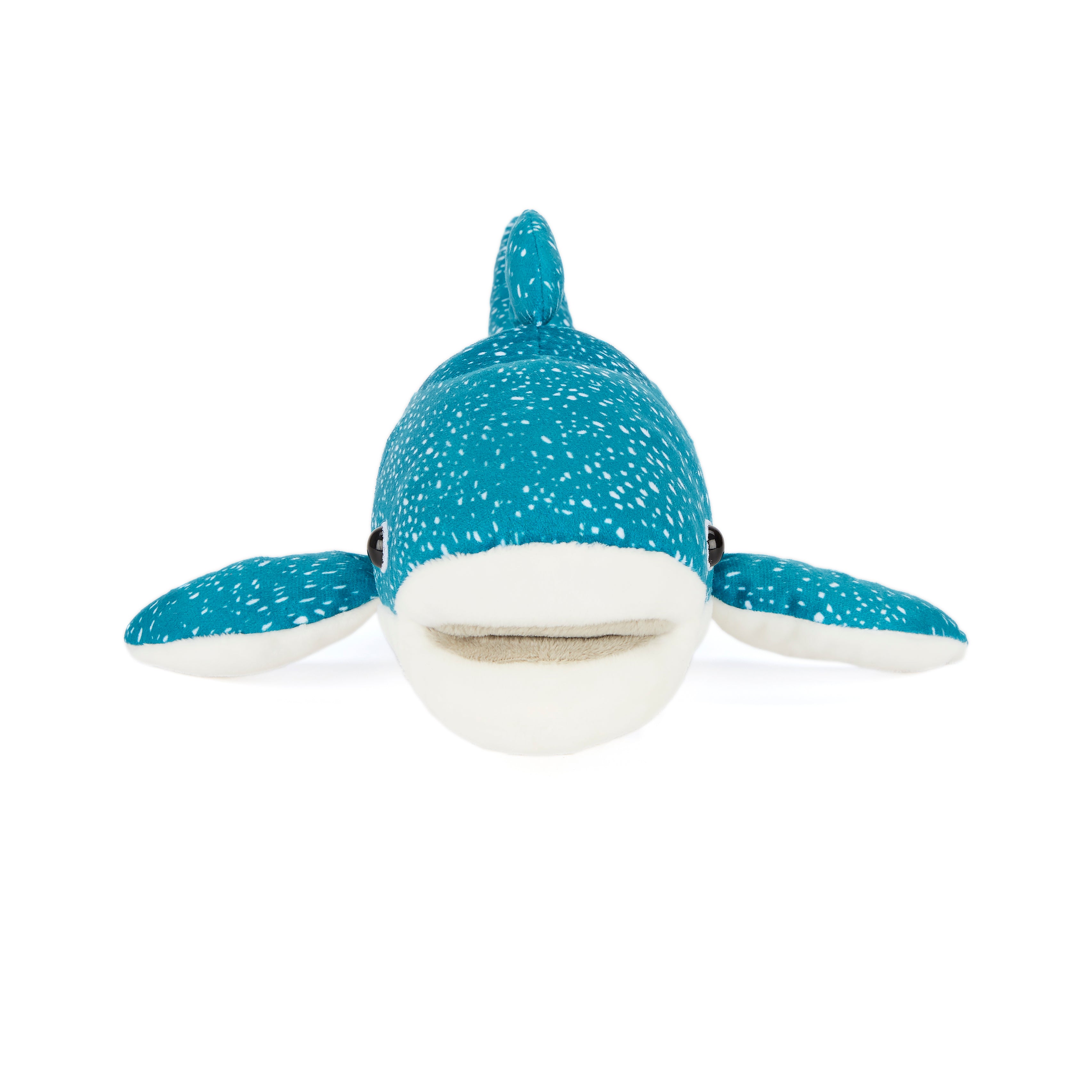Blue plush whale toy with white accents on a white background