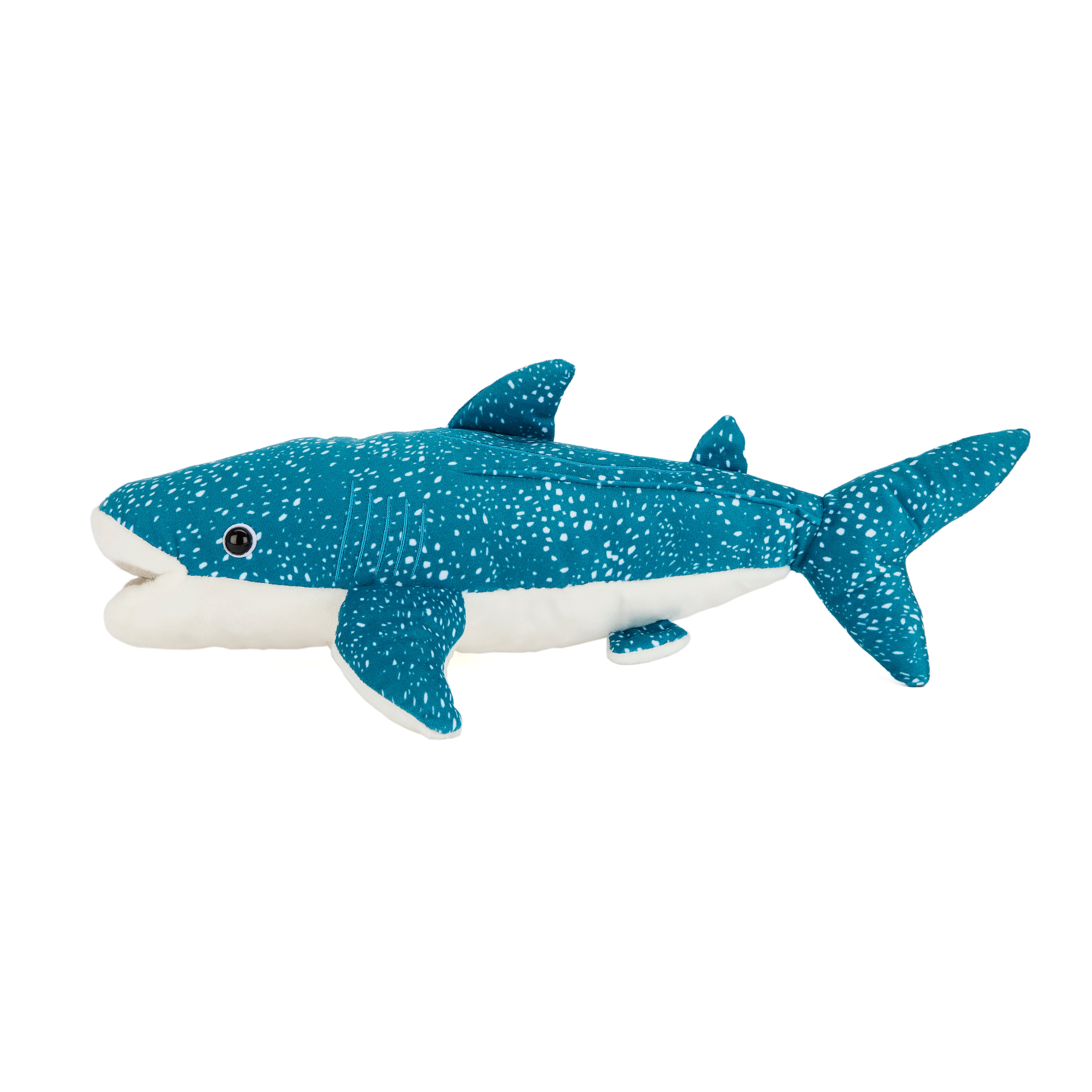 Blue and white shark plush toy on a white background