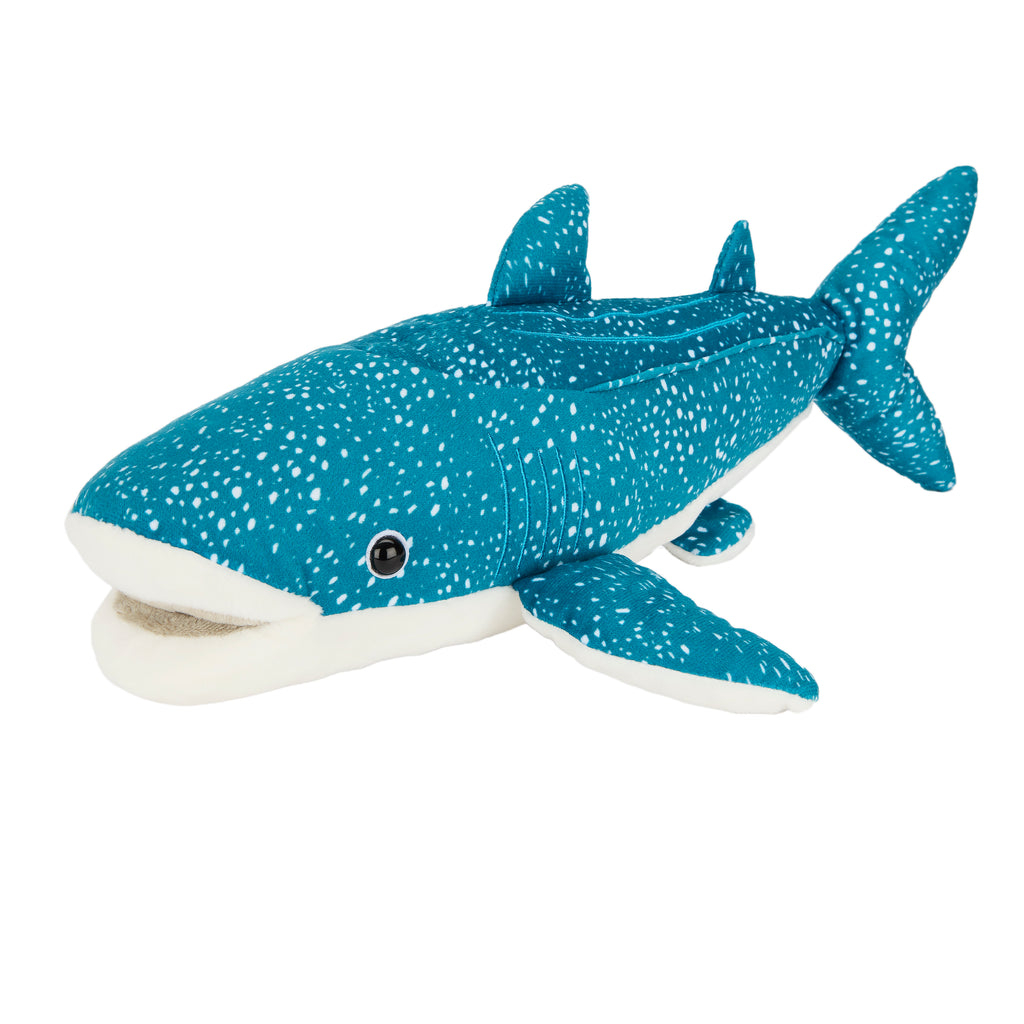 Blue plush shark toy with white spots on a white background
