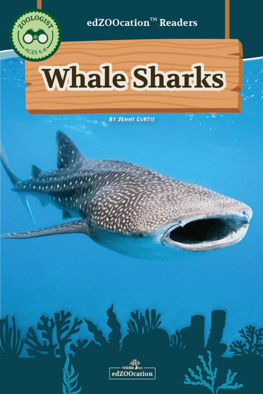 Book cover of 'Whale Sharks' from edZOOcation Readers with a whale shark illustration on a blue background.