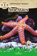 A book cover for 'Sea Stars' edZOOcation Readers, featuring a vibrant image of a sea star with orange and white patterns on its body, surrounded by a coral reef environment.