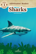 A book cover for 'Sharks' edZOOcation Readers, featuring an illustration of a shark in the ocean environment, with a green and white color scheme and the edZOOcation logo at the top.
