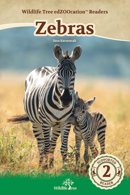 A book cover for 'Zebras' Wildlife Tree edZOOcation Readers, featuring an image of a zebra and a baby zebra in a natural grassy setting.