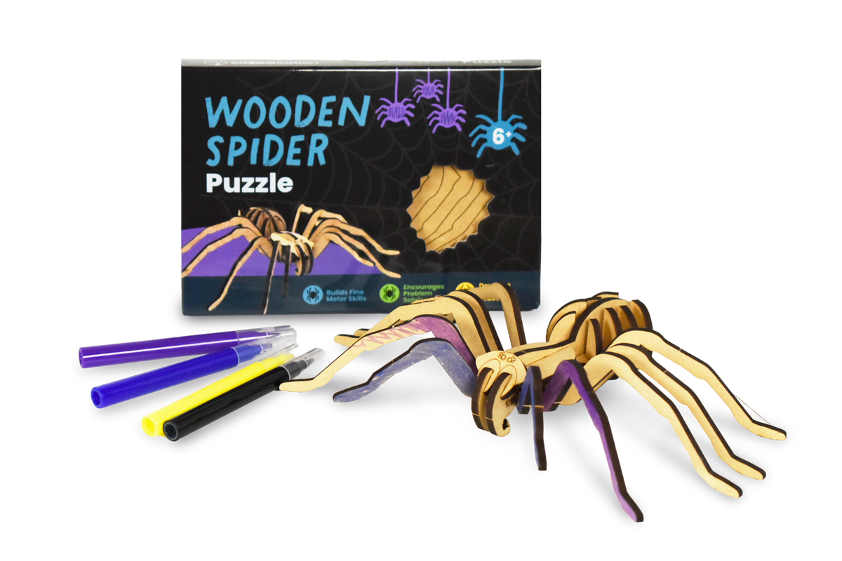 Wooden spider 3D puzzle kit with markers and the assembled wooden spider