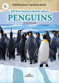 A book cover of 'All You Need to Know About Penguins' edZOOcation Factivity Book, featuring a herd of penguins on a snowy surface with a large iceberg in the background.