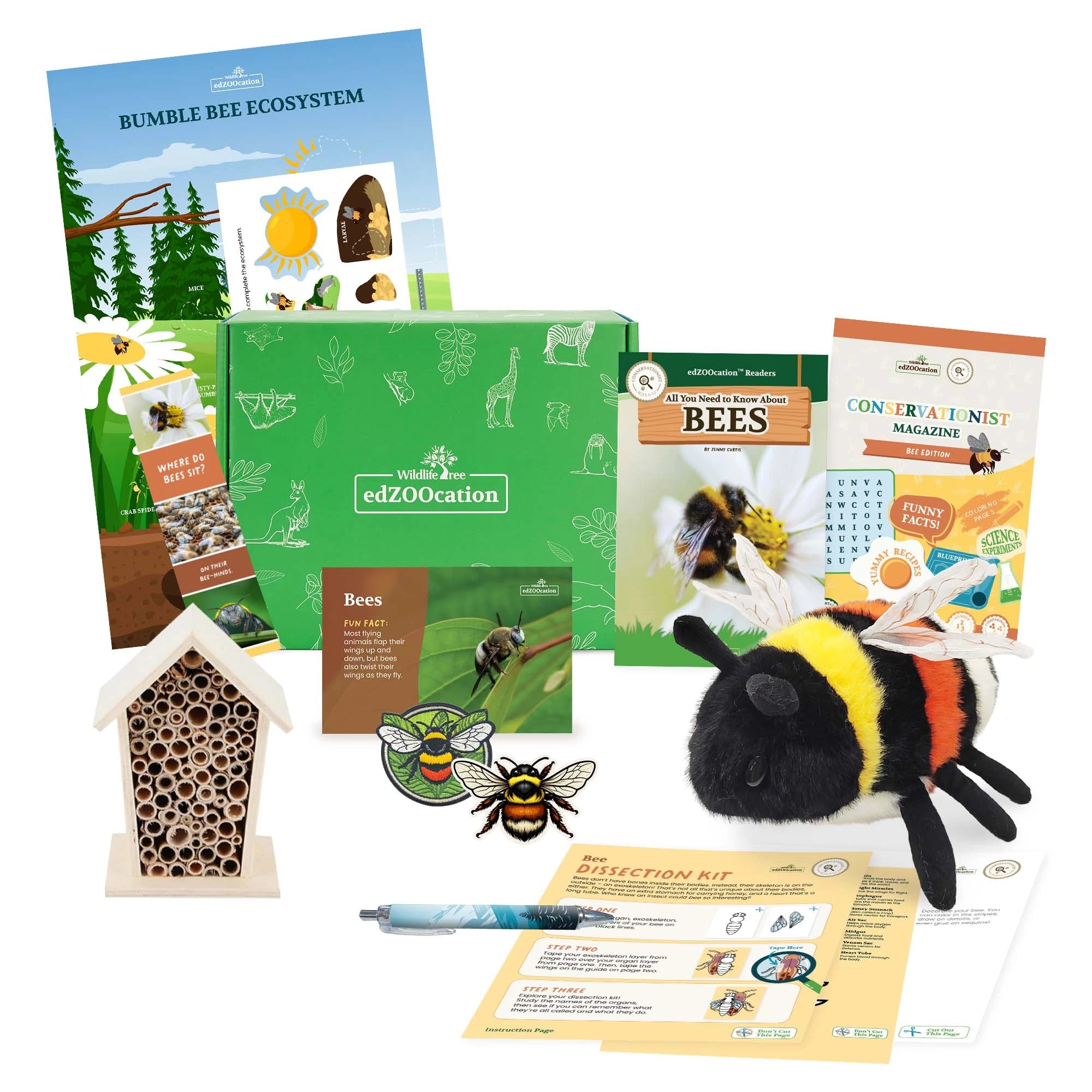 Educational animal kit with plush toy, books, and activities on a white background