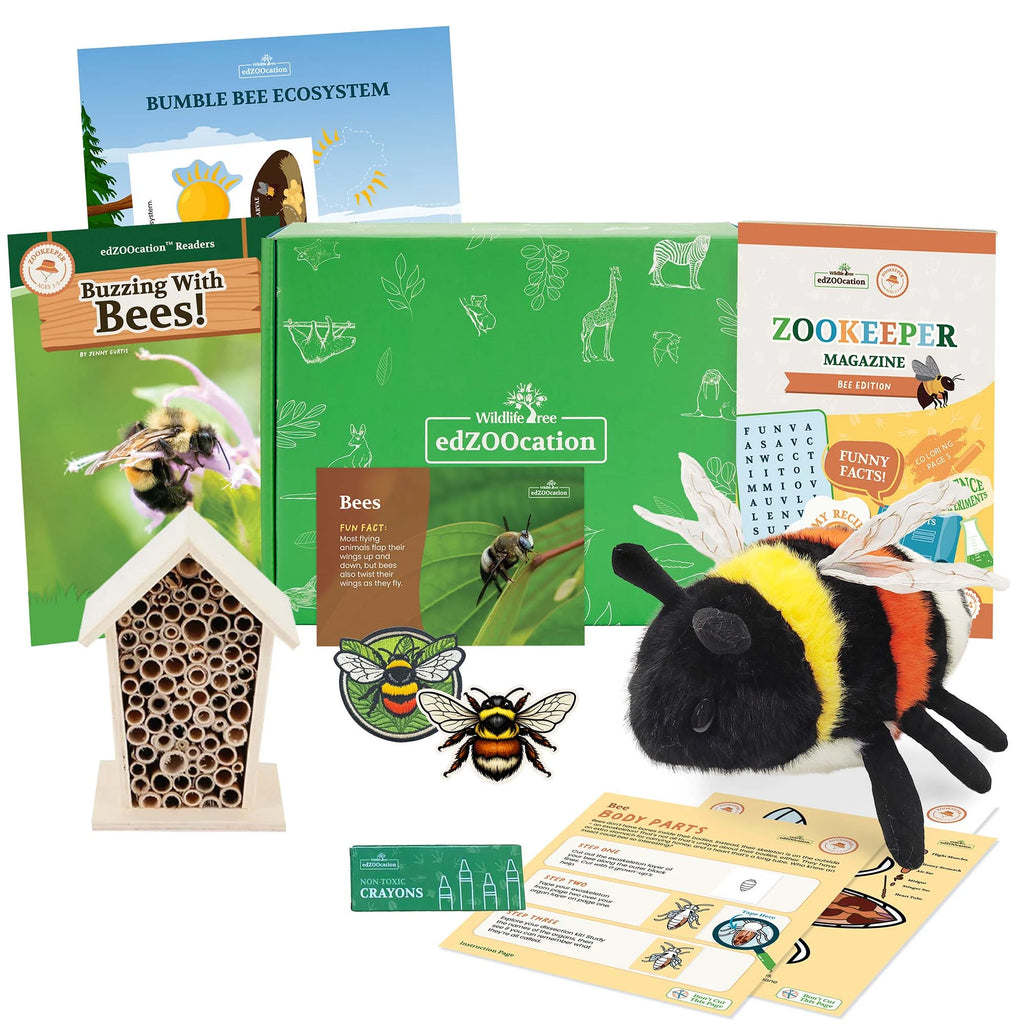Educational animal kit with plush toy, books, and activities on a white background