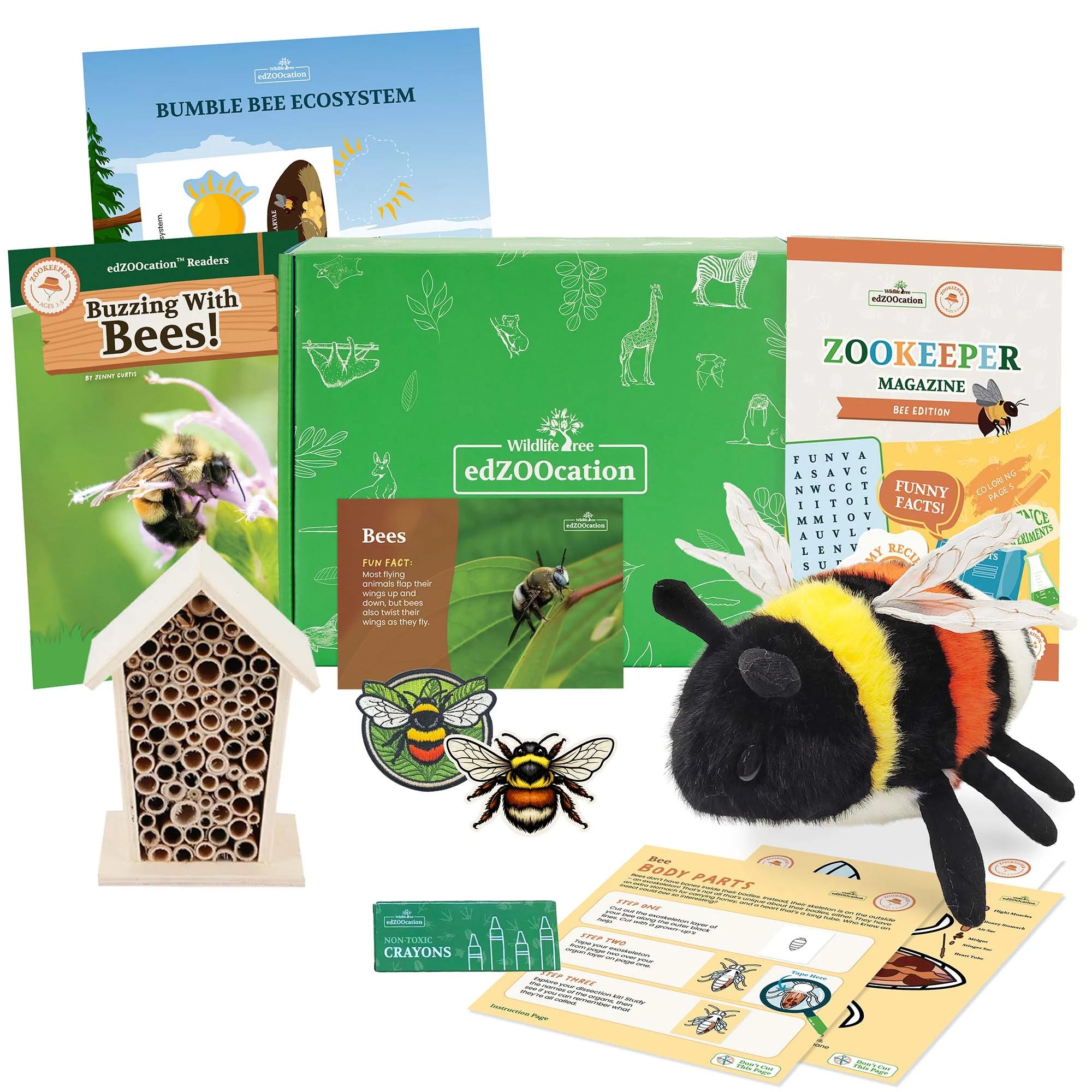Educational animal kit with plush toy, books, and activities on a white background