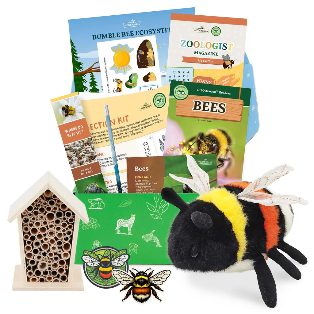 Educational animal kit with plush toy, books, and materials on a white background