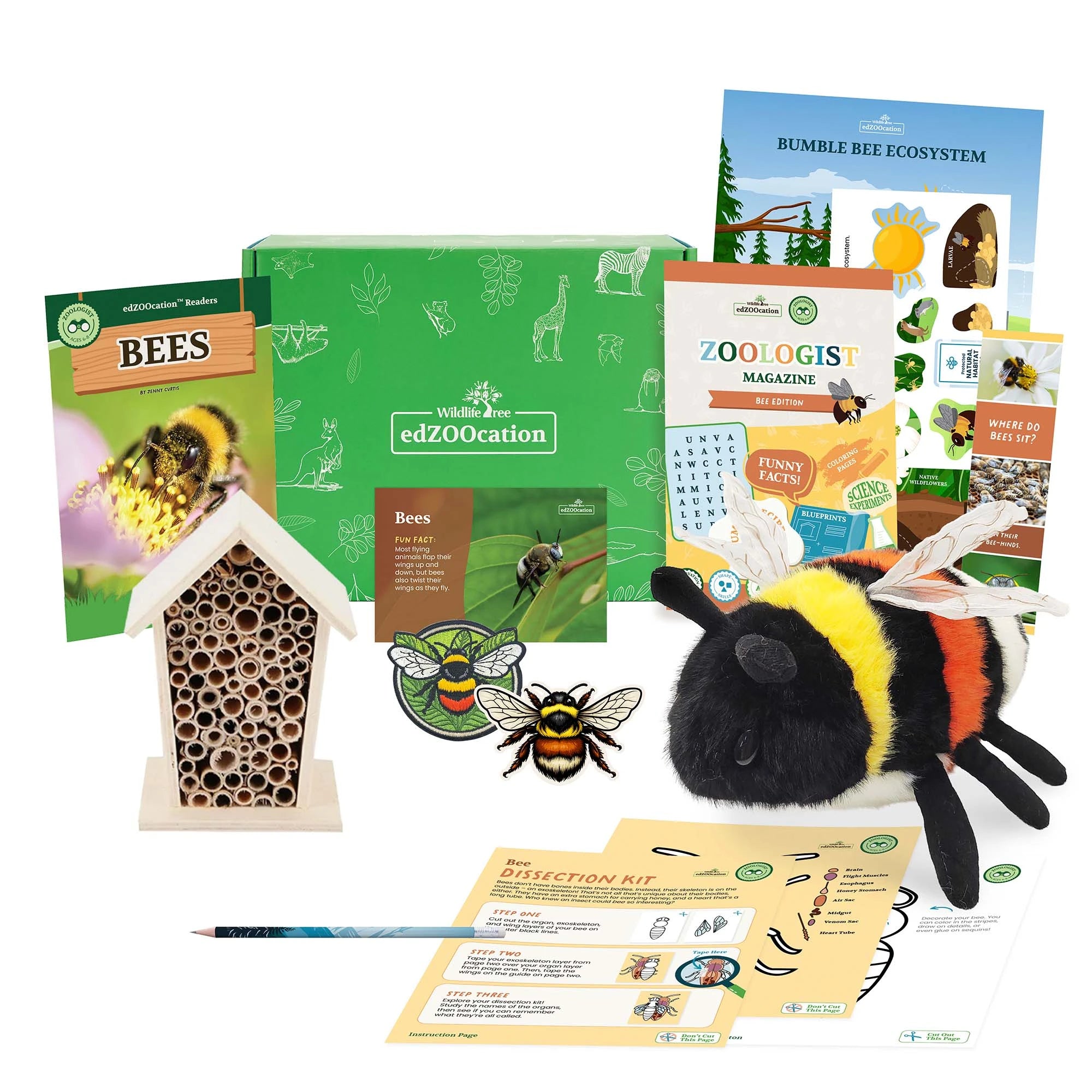 Educational animal kit with plush toy, books, and activities on a white background
