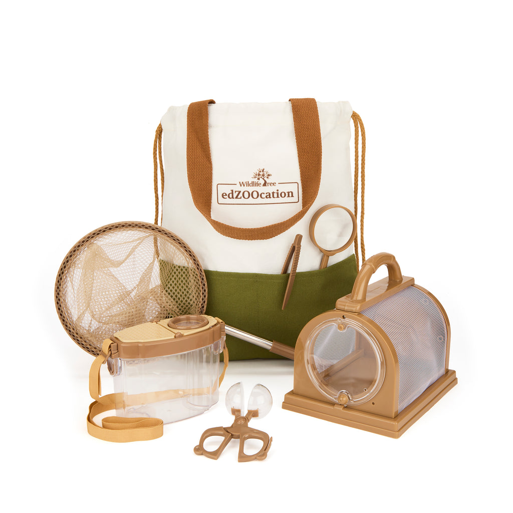 A collection of children's outdoor exploration tools including a telescopic bug net, a magnifying glass, tweezers, a clear plastic bug cage and container, along with a beige and green tote backpack.